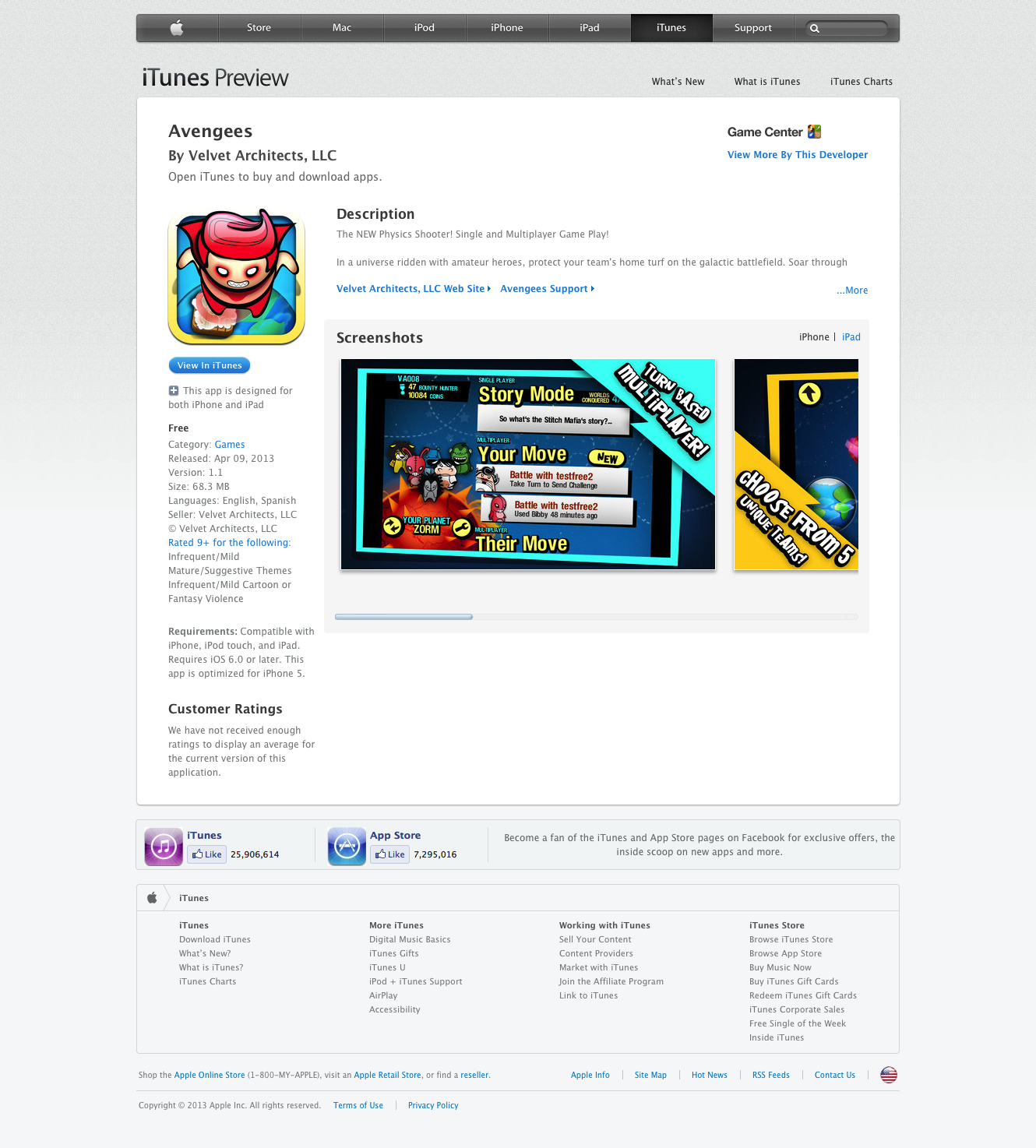 Avengees iOS App Store listing with game icon, screenshots, and download information